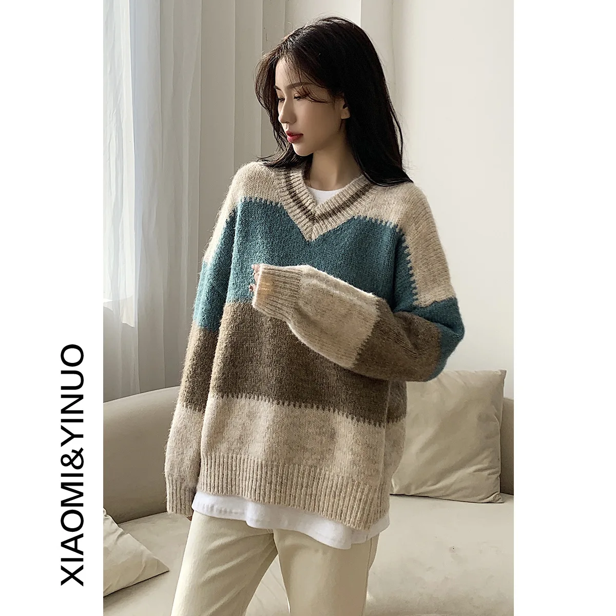 

Winter Women's Causla Oversize Loose and Lazy Sweater OL Commute Thickened New V-neck Contrast Color Knitted Bottoming Top Shir