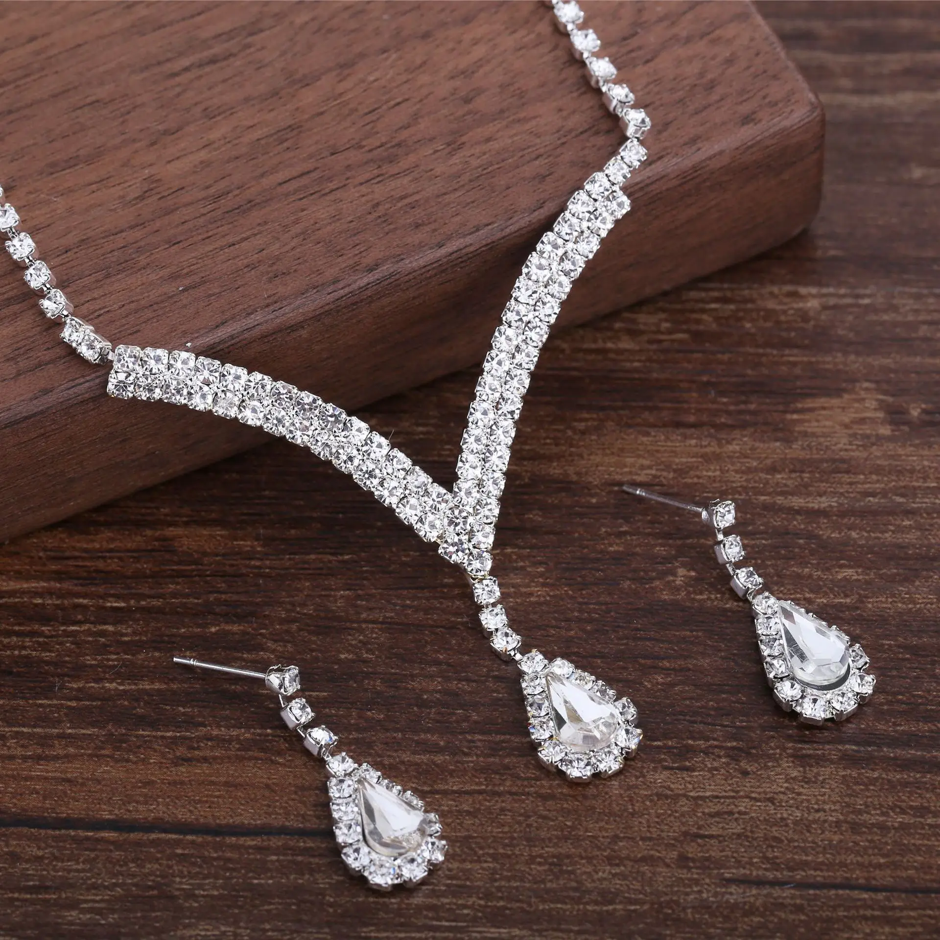 BriLove Wedding Bridal Jewelery Set Teardrop Single-Row Rhinestone V-Shaped Necklace Dangle Earrings for Women 