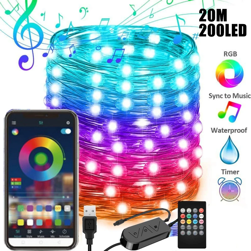 

20m 200LED String Light Festoon Fairy Light APP Remote Control Color Changing Garland Home Christmas Party New Year Decor Lamp