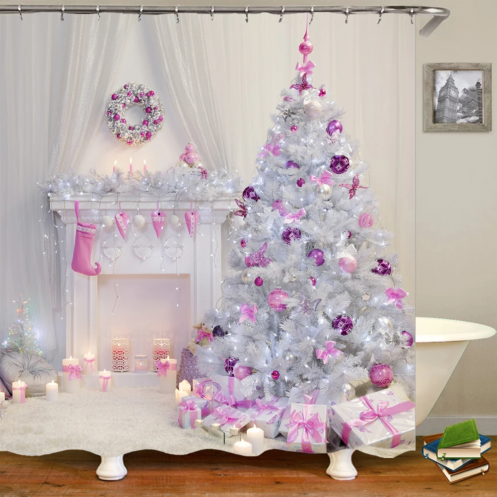 

Girly Heart Christmas Shower Curtain Snow Printing 100% Waterproof Shower Curtain With Hook Eco-friendly Curtain For Bathroom