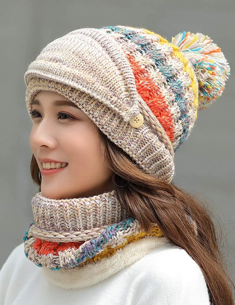 Флисовая Подкладка Pom Beanie шарф маска набор зимние вязаные шапки для женщин и девочек на открытом воздухе