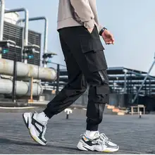 Ins Весна хип-хоп Джоггеры мужские черные шаровары мульти-карманные ленты мужские спортивные штаны Уличная Повседневная Мужская s брюки