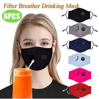 

6pcs Face Mask Adult Women Protect Filter Breather Drinking Mask With Hole For Straw Washable Mondkapjes Reusable Mascarillas