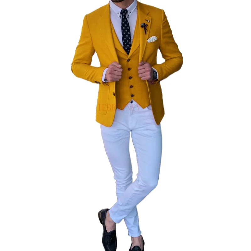 

Yellow Men Suits for Wedding Slim fit Jacket Vest with Pants 3 Piece Groomsmen Tuxedo Custom Made Male Fashion Costume 2021