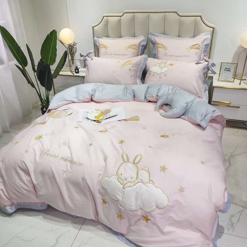 Розовый мультфильм кролик Единорог Вышивка 60S Египетский хлопок принцесса набор постельных принадлежностей для девочек пододеяльник простыня/льняной чехол для подушки