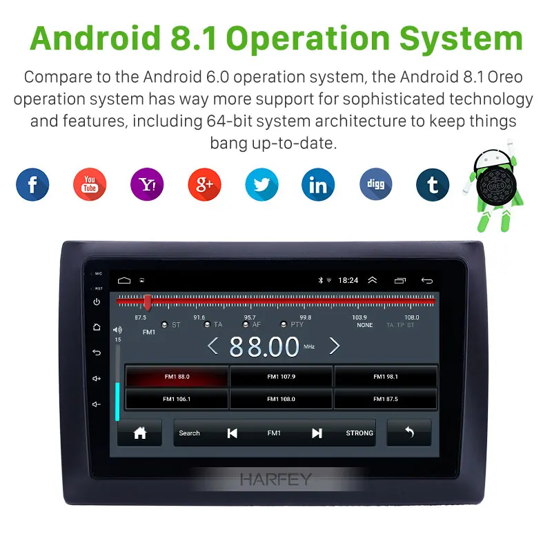 Harfey Android 8,1 HD сенсорный экран 9 дюймов для 2010 Fiat Stilo GPS автомобильный радиоприёмник поддержка OBD2 SWC Carplay DVR Автомобильный мультимедийный плеер
