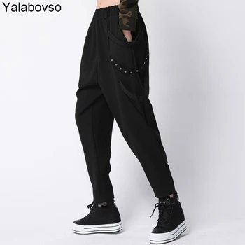 

Streetwear Black Color Irregular Pleated Harem Pants Rivet Small Leg Pants Elastic Waist Trousers For Woman A67z20