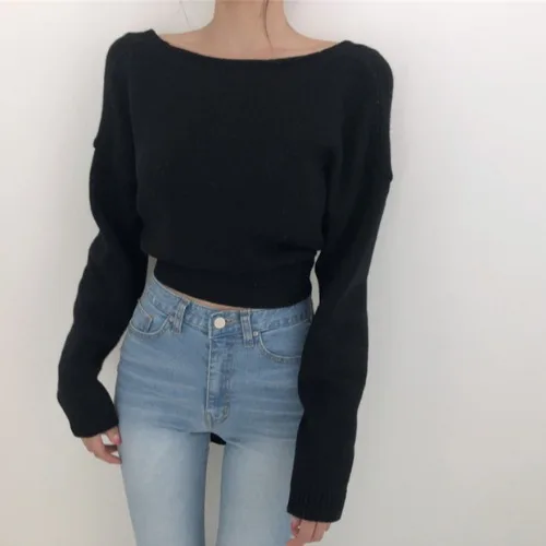black pullover Woherb корейская мода длинный рукав женский вязаный свитер с завязками однотонный Асимметричный пуловер и джемпер свободные свитера Pull Femme - Цвет: black pullover