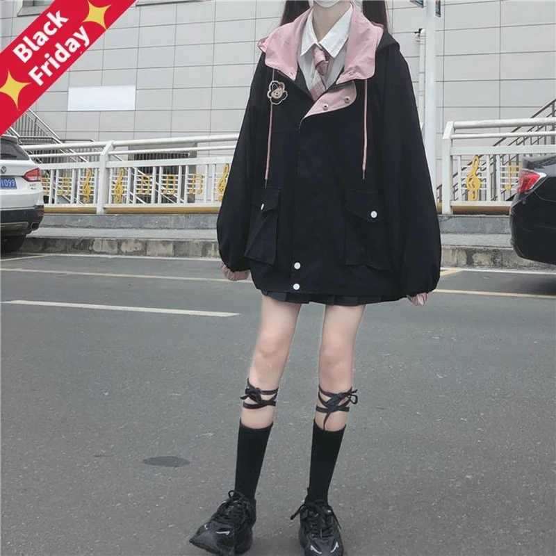 Japanese Kawaii Zipper Pink Woman Jacket 2021 Korean Color Matching