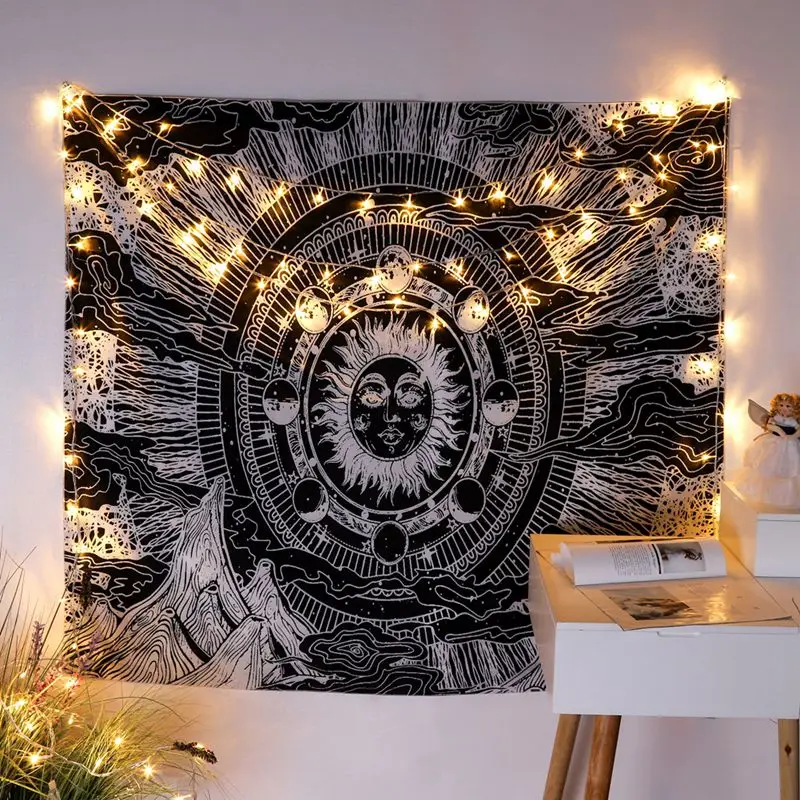 Луна и звезды облака и горы гобелен Wall Art Для Спальня Богемия домашний настенный гобелен Черный и белый стены Одеяло