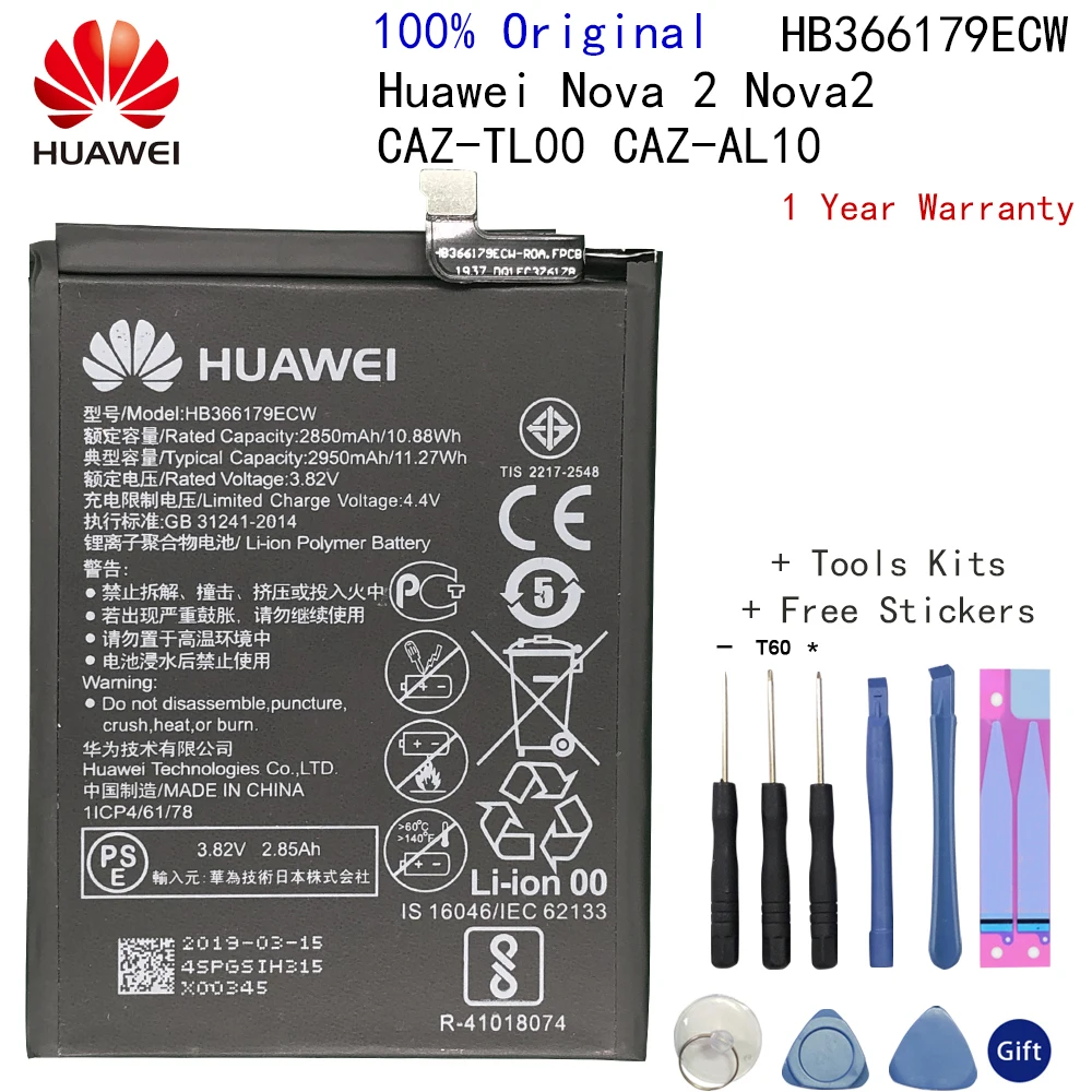 

Original Replacement Battery HB366179ECW For Huawei Nova 2 CAZ-AL10 CAZ-TL00 Authentic Phone Battery 2950mAh