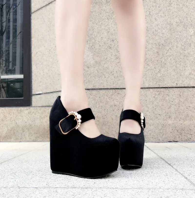 new wedge with thick bottom round single shoes female inside increased 15 cm suede high heels simple elegant women's shoes