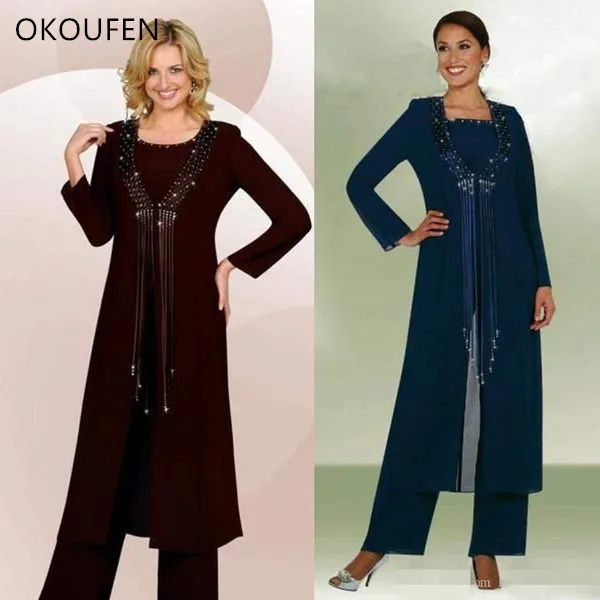 

Three Pieces Mother Of The Groom/Bride Dresses Pants Suit 2019 Chiffon Tassel Long Jacket Kurti vestido de fiesta noche madrinha