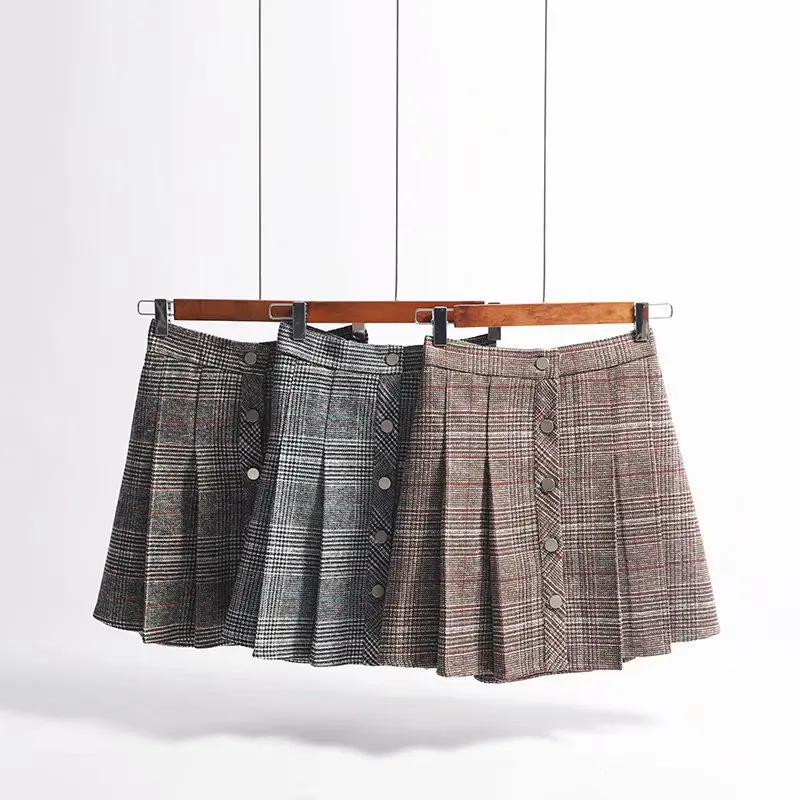 

Autumn And Winter Korean-style Retro High-waisted Plaid Skirt Contrast Color Pleated Single Breasted Sheath Short Skirt Woolen A