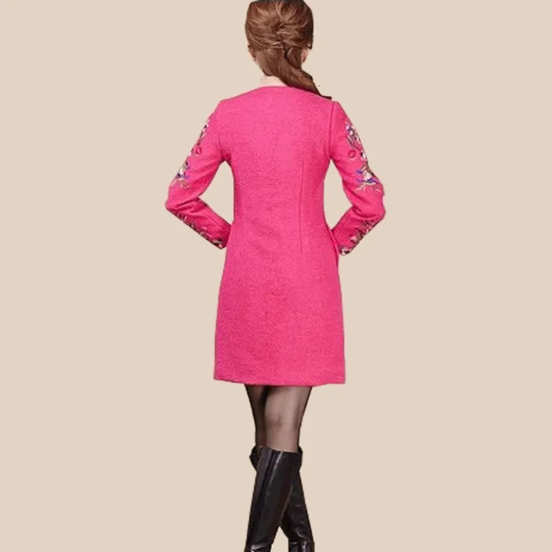 Winter Women Ethnic Flower Embroidery Wool Blends Long Trench Coat Ladies Slim Fit Woolen Outwear Jackets Abrigo Mujer Overcoat