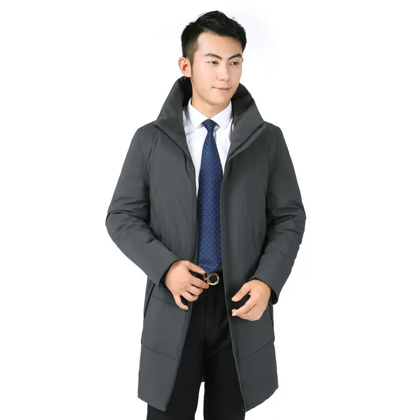 Winter Men Business Casual Puffer Parkas Dark Gray Black Long Puff Overcoats Male Stand Collar Thick Warm Lightweight Outerwear