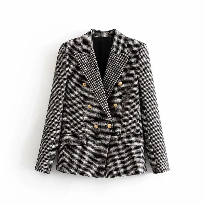 gray blazer Star firefly fashion Za blazer female autumn casual Slim houndstooth double-breasted blazer women - Цвет: gray blazer