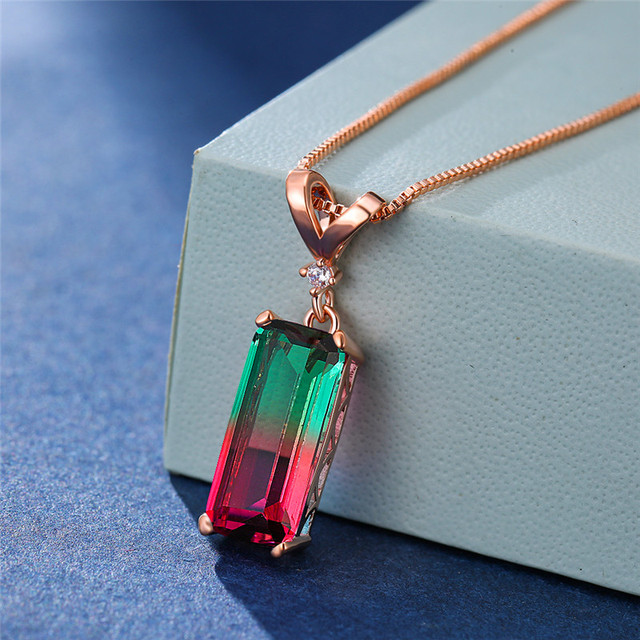 Female Blue Green Rainbow Stone Necklace Square Gemoetric Pendant Necklace Rose Gold Color Wedding Necklaces For Women