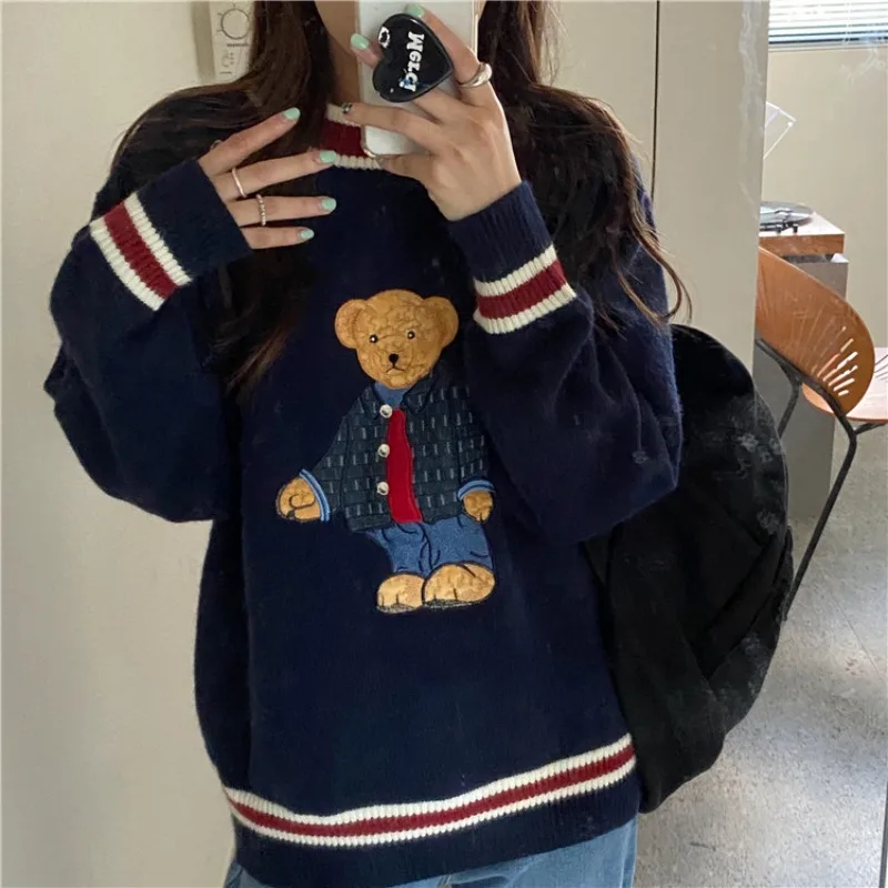 Korean Bear Sweater Women Autumn Winter O Neck Long Sleeve Loose Pullover Sweaters knitted sweater pull femme | Женская одежда