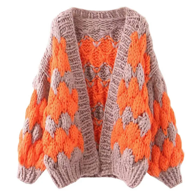 orange Neploe Contrast Color Patchwork Hand Knitted Twist Cardigans Sweater V Neck Lantern Long Sleeve Cross Design Pull Femme Coat - Цвет: orange
