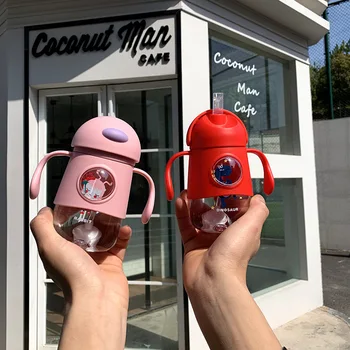 

New Children's Fun Cartoon Cute Cup with Straw Tritan Cup Body with Handle Children's Baby Learn to Drink Plastic Water Bottle