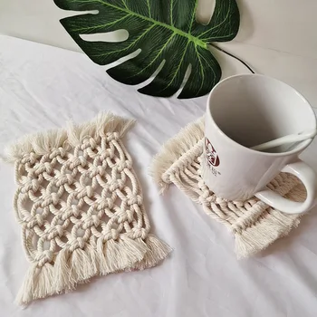 

Bohemian Macrame Placemat Geometric Pattern Coasters Insulation Hand-woven Pads for Kitchen Living Room Home Decor