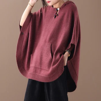 

[EWQ] 2020 Autumn Winter Hooded Collar Batwing Sleeve Solid Knitting Pullovers Vintage Cloak Sweater Women AH90904