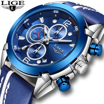 

Relojes Hombre 2019 New Blue Fashion Mens Watches Top Brand Luxury Silver Wrist Watch Men Casual Leather Waterproof Chronograph