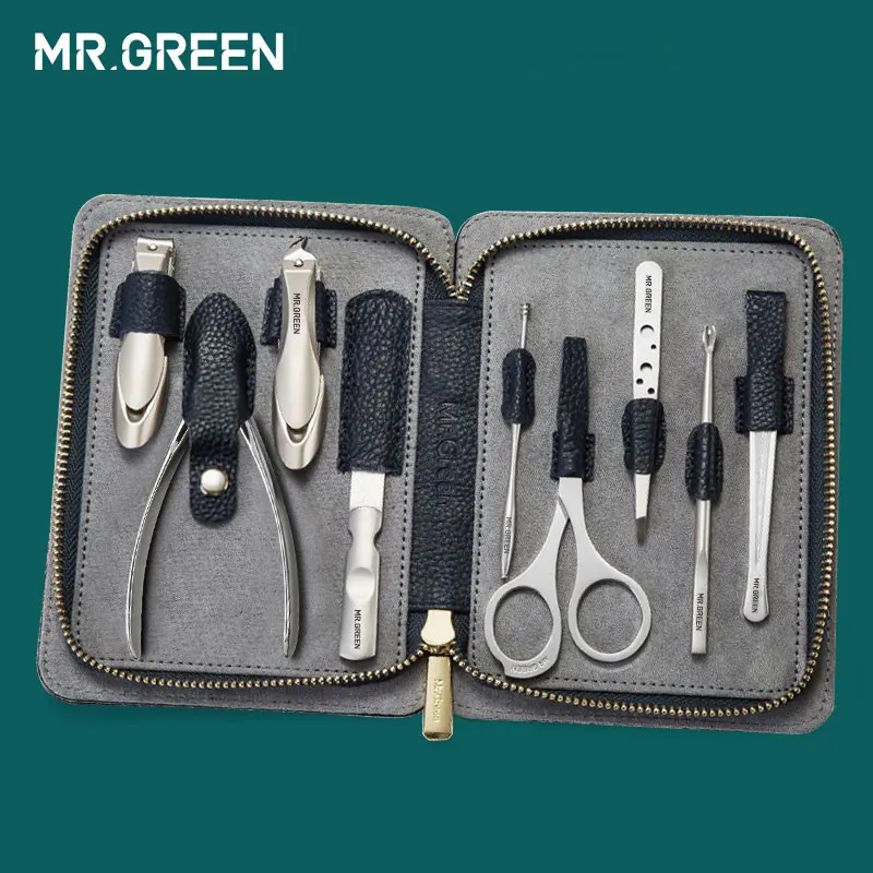 Najtaniej MR. Zielony wysokiej jakości Stainleess stali nierdzewnej zestaw do pielęgnacji 9 w 1 zestaw obcinaków do paznokci skóry wołowej pakiet Manicure pielęgnacja paznokci dobry prezent
