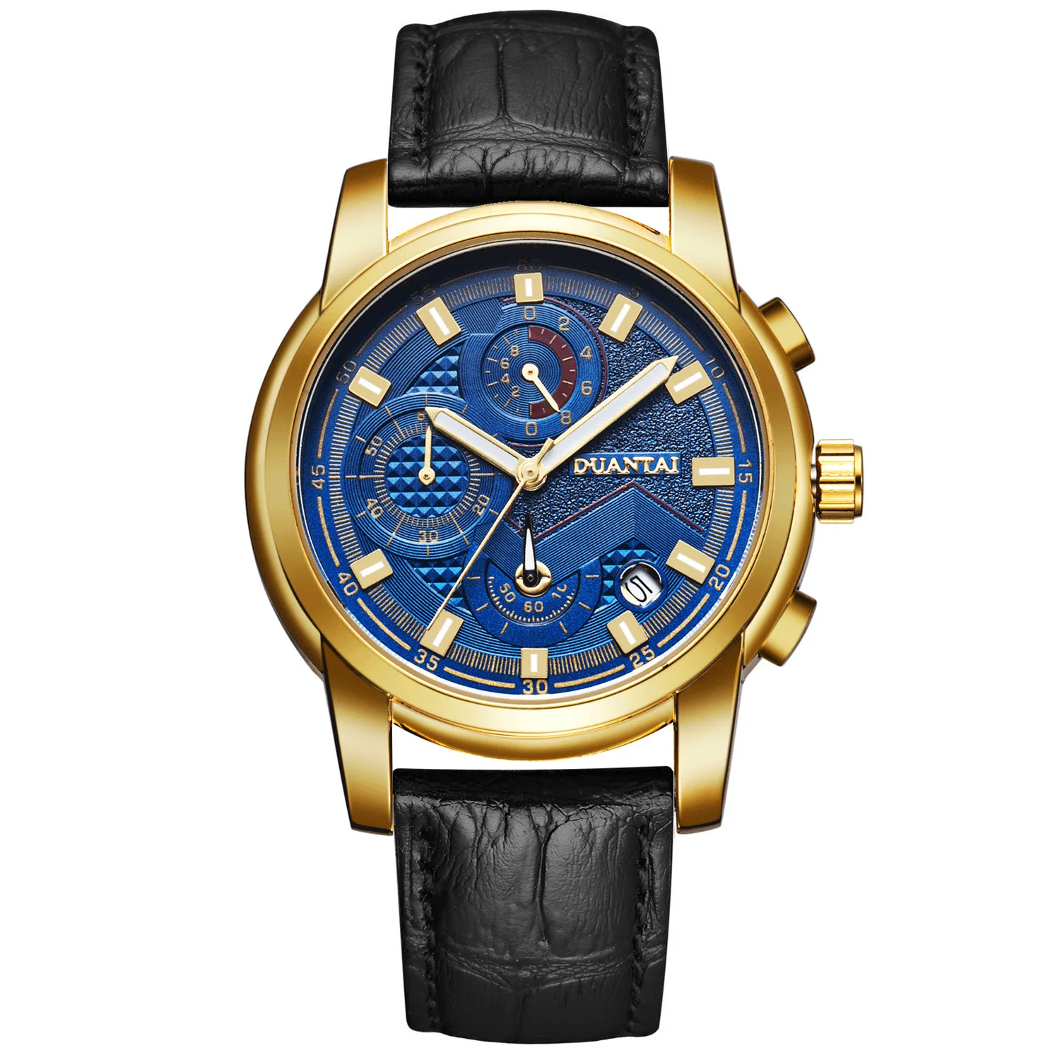 

Duantai Leather Watch Strap Sports Style Three-Eyed Six-pin with Calendar Quartz Watch Waterproof Business Watch
