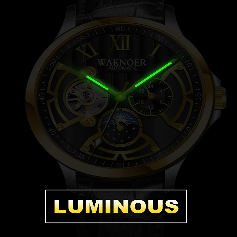 WAKNOER, деловые часы для мужчин, автоматические светящиеся часы, Tourbillon, механические, роскошные мужские наручные часы с коробкой, Montre Homme