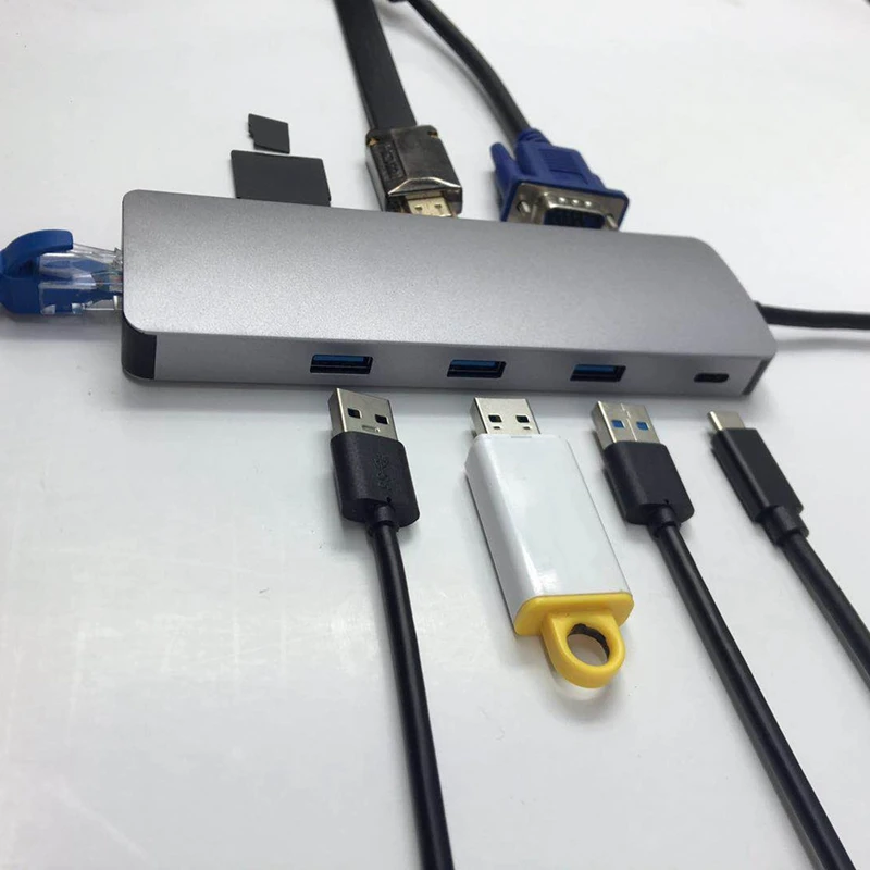 Тип-c-концентратор+ Hdmi+ Vga+ Rj45+ тип-c(зарядка+ передача данных)+ Sd/Tf Одновременное чтение 3,0 карт