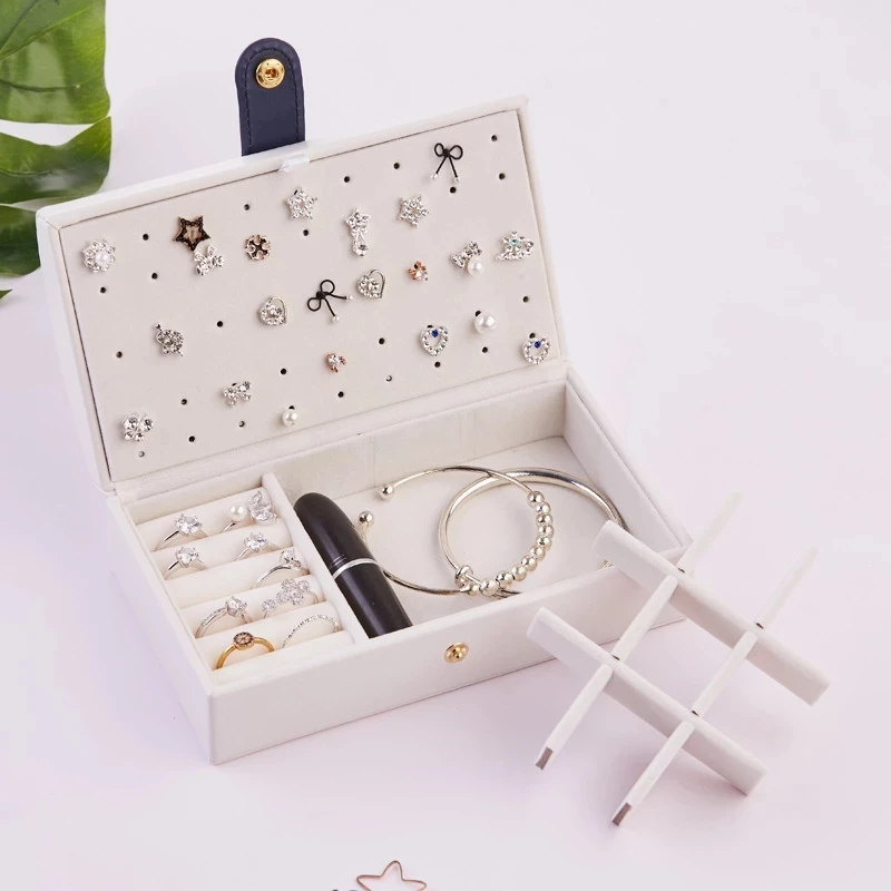 

New 2 Layers Small Earring Ring Multifunctional Leather Jewelry Packaging Box Arched Portable PU Fresh And Simple Jewelry Box