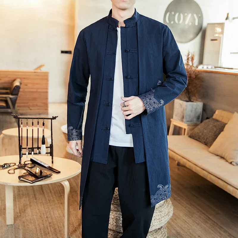 

Men's Nation Clothing 2019 Spring Chinese-style Large Size Mid-length Frog Landscape Printed Coat