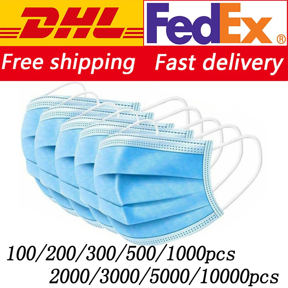 

DHL Fedex 100/200/500/1000/2000/5000/10000pcs Disposable Face Mouth Mask Nonwoven Masks Anti PM2.5 Hygiene Safe Mouth Face Mask