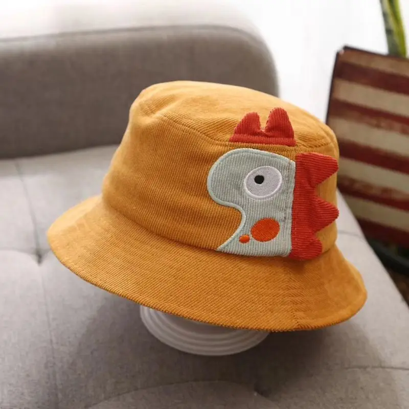 Toddler Kids Corduroy Bucket Cap Cute Cartoon 3D Dinosaur Applique Wide Brim Hat