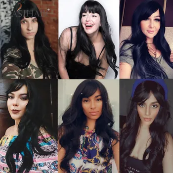 Alternative view of Long Black Body Wave Synthetic Wigs with Full Bangs