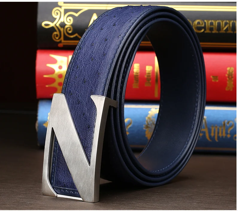 

Ремень мужской, из 2019 натуральной страусиной кожи, с пряжкой из нержавеющей стали, синий, оранжевый цвета, 100%