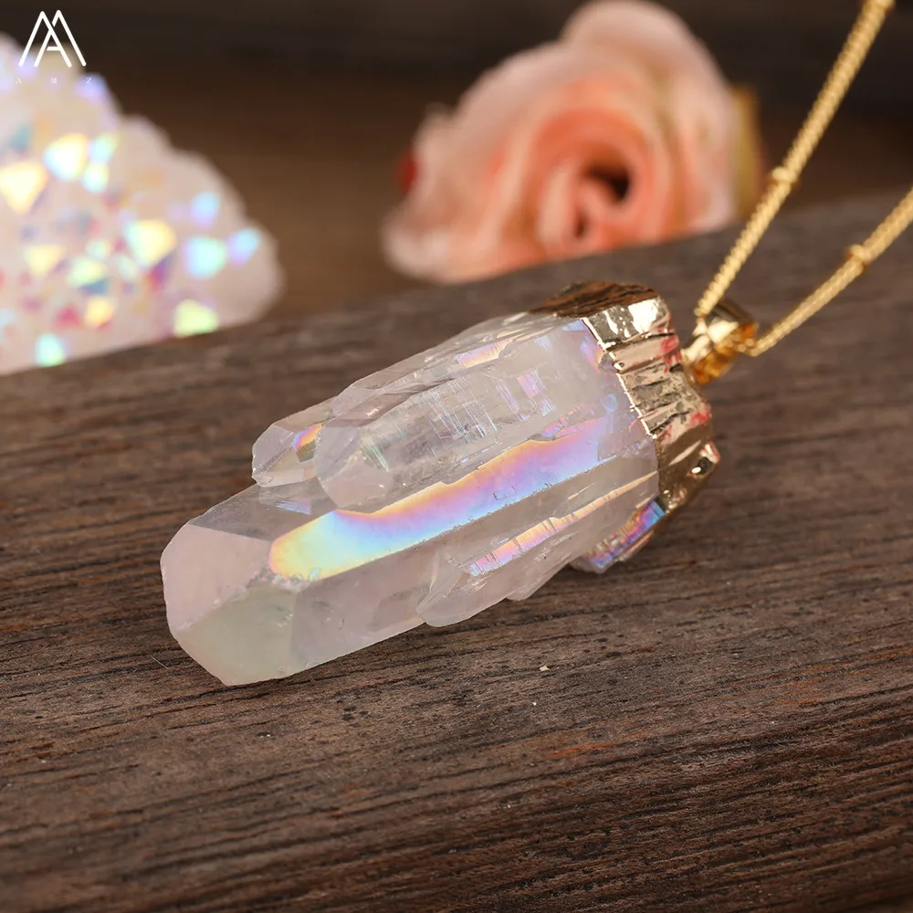 Titanium AB Natural White Quartz Irregular Point Pendant Gold Chains Necklace For Women Quartz Crystal Beads Adjustable Necklace