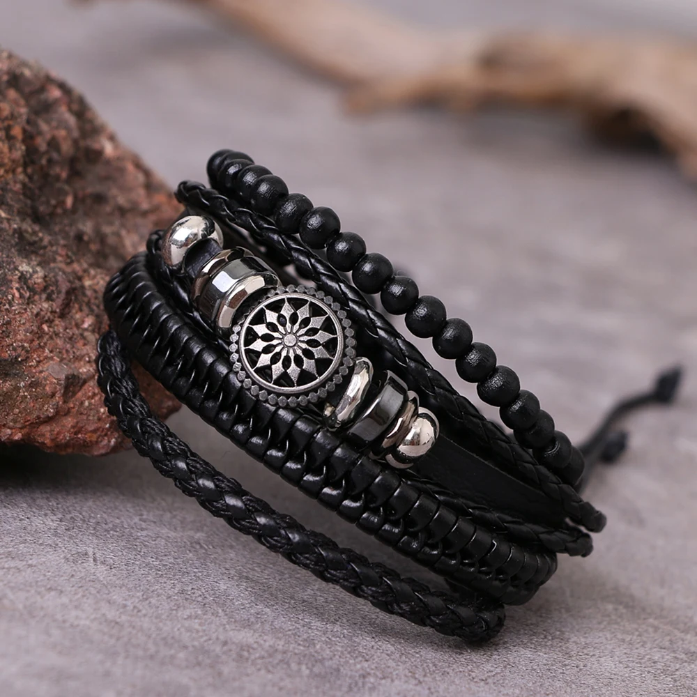 25 Pzs Ajustable Trenzado Vintage Cuero Brazalete Multicapa | Meses Sin