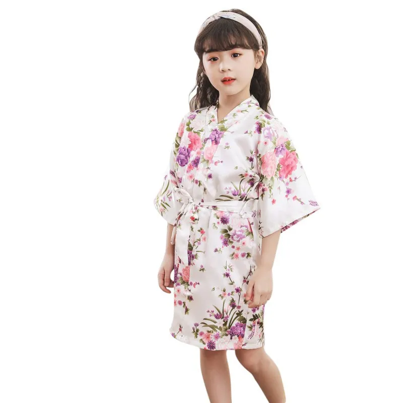 Хлопковое ночное белье для девочек, детское кимоно с цветочным принтом и животными, ночная рубашка для девочек, детский банный халат, пижама, ночное платье, платье z - Цвет: W
