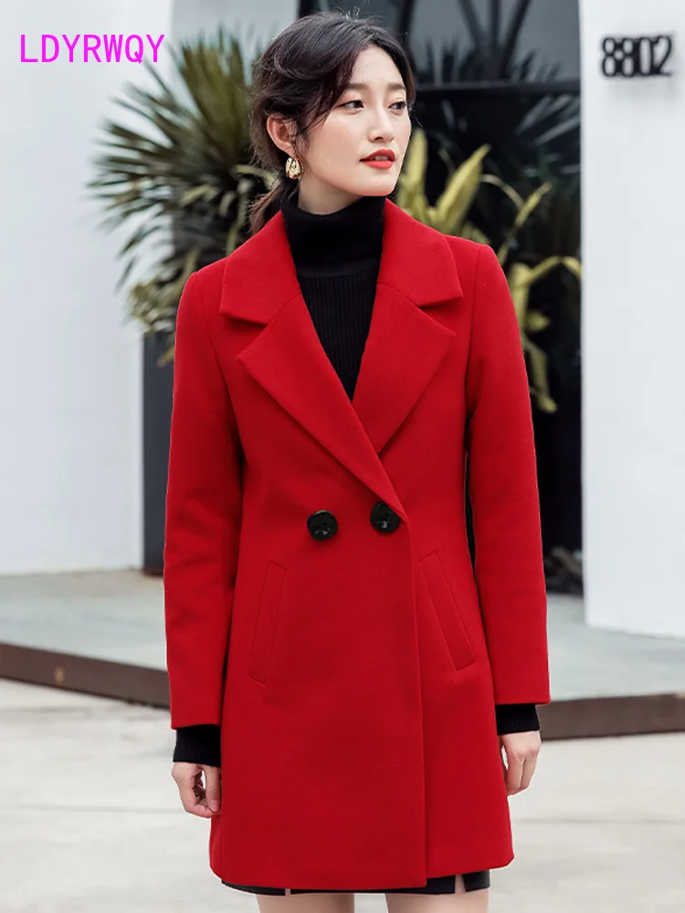 2019 winter female Korean version of woolen coat Turn-down Collar  Double Breasted  Regular  Pockets  Solid  Regular