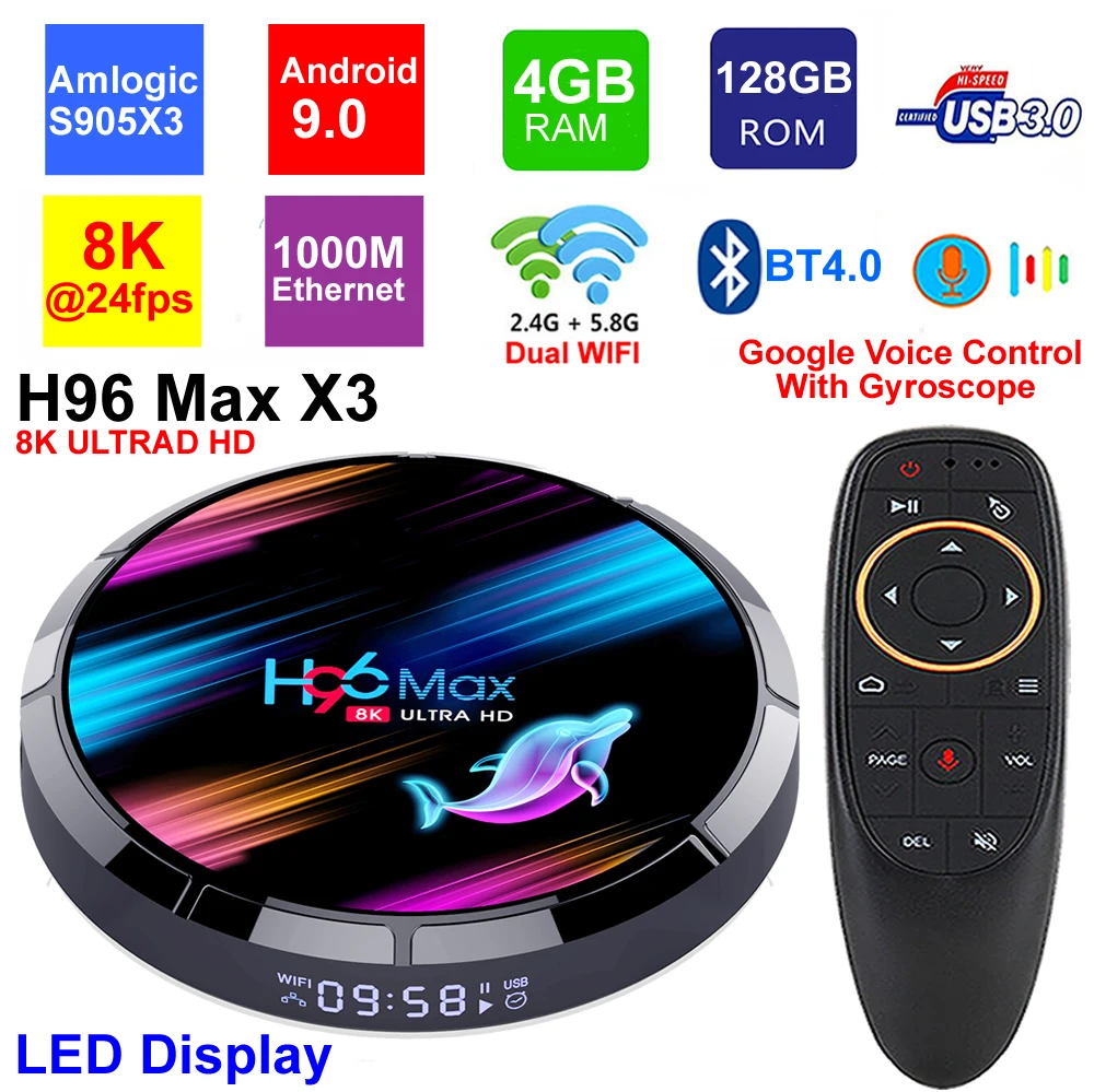 Приставка Смарт ТВ H96 MAX X3 8K Android 9 0 Amlogic S905X3 4 + 128 ГБ Wi Fi 1000M Ethernet BT4.0 USB3.0 H.265 HDR