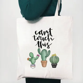 

Shopping Canvas Tote Bag Female Shopper Student Book Bags Gift Women Fashion Bag Can't Touch This Cactus Drawing Print Reusable