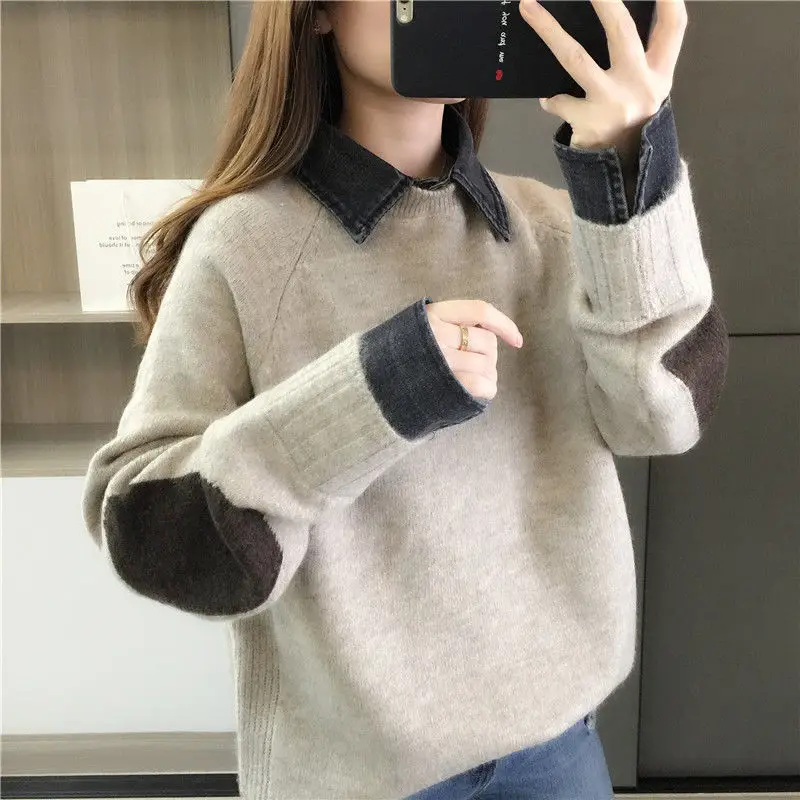 

Fake two-piece New Women's sweater autumn and winter coat square collar thickened knitted base shirt