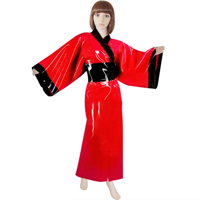 100% Traditional Kimono Red Latex Sleepwear With Black Trims Decorations - Zentai - AliExpress