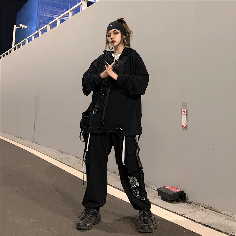Vintage Gothic Punk Dragon Embroidery Patchwork Side Ribbon Belt Pocket Cargo Jogger Pant Hiphop Harem Streetwear Track Harajuku