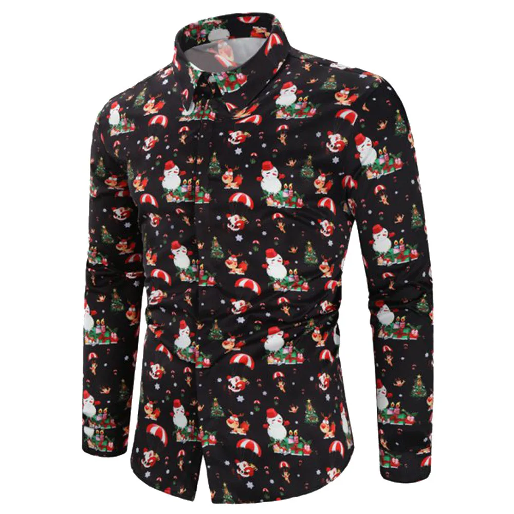

Black Print Men Shirt Chemise Homme Merry Christmas Snowmen Cotton Snow Flower Printed Streetwear Mens Shirts Lapel Tops Blouse