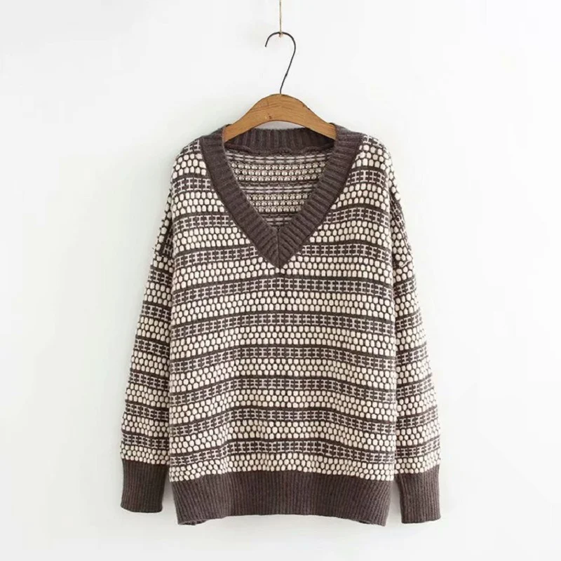 Sweaters Pullovers Plus Size Autumn Winter Women V neck Striped Casual Pullover Sweater Lady