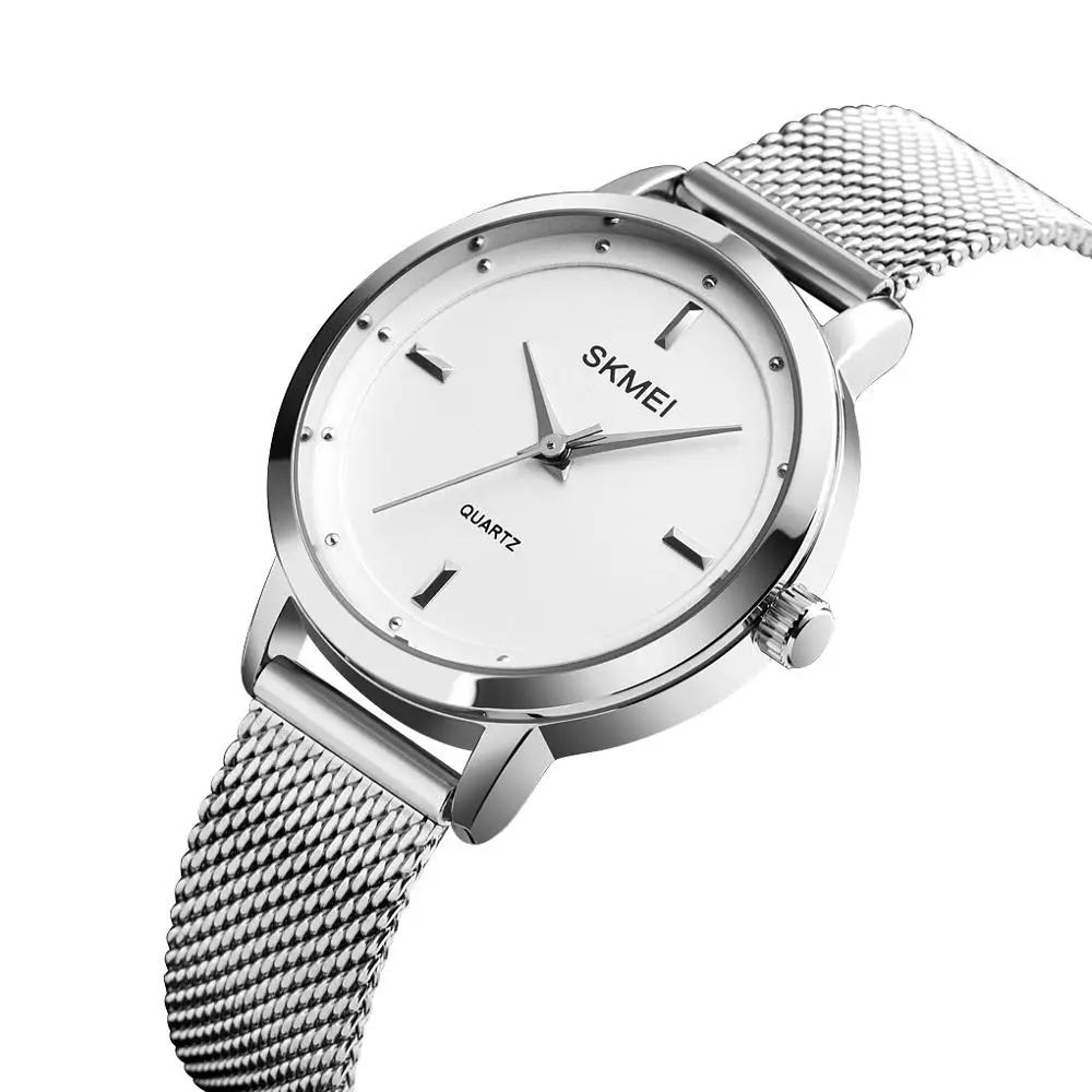 Silver Модные женские часы из нержавеющей стали Кварцевые наручные часы Простой Дизайн Женские часы женские повседневные платья браслет Топ бренд SKMEI - Цвет: Silver